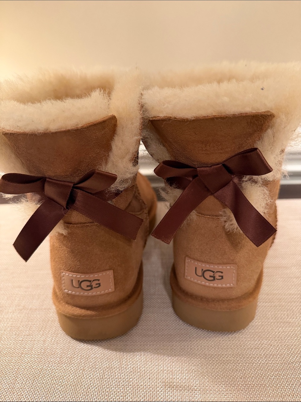 UGG Chestnut Suede Short Boots with Brown Satin Bows